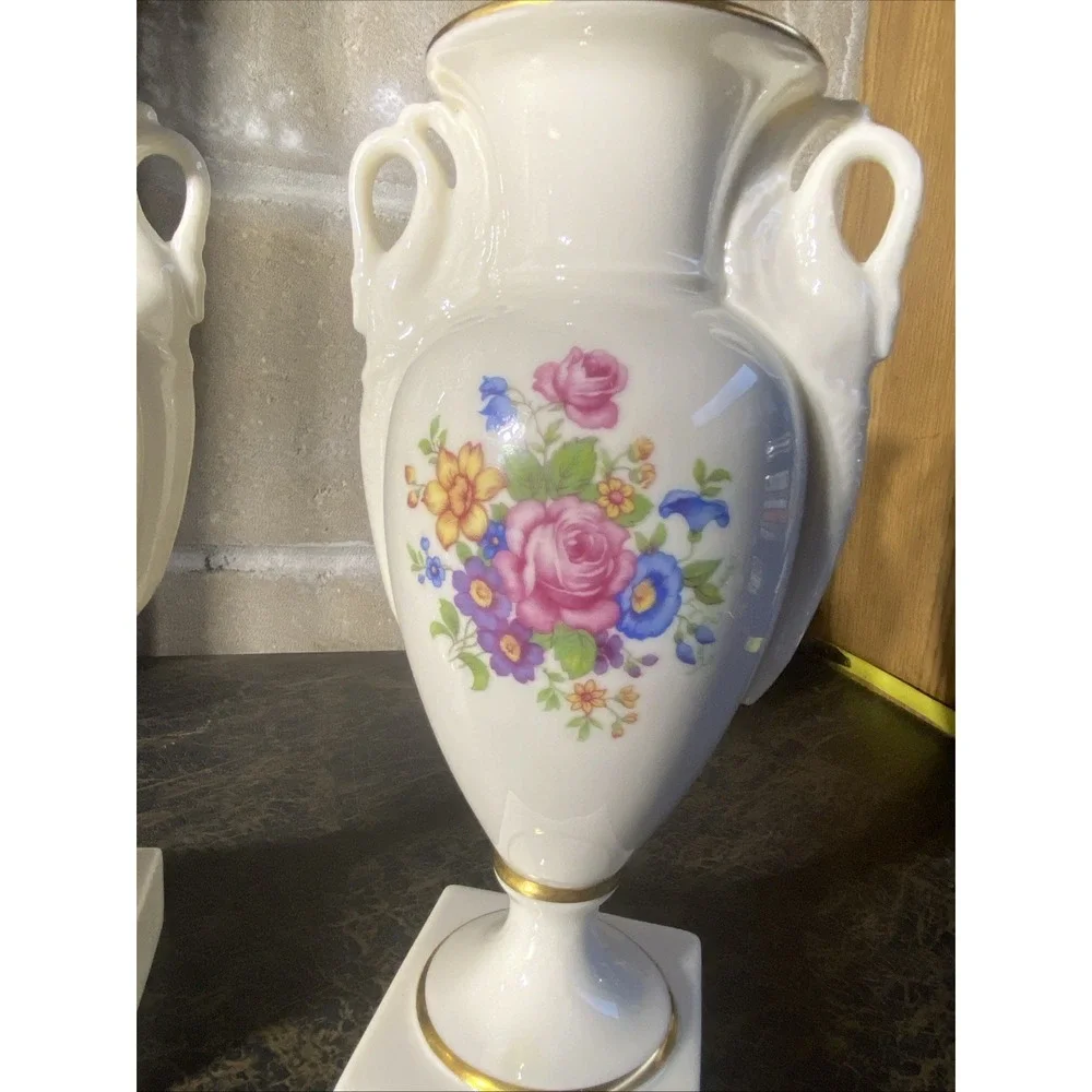 Pair Of Lenox Rose Swan Empire Trophy Vase W/ Swan Handles Green Mark 2262/ J300